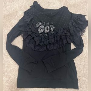 淑女屋 Goth Vintage Rock Grunge Black Long Sleeve Shirt with Collar Detail